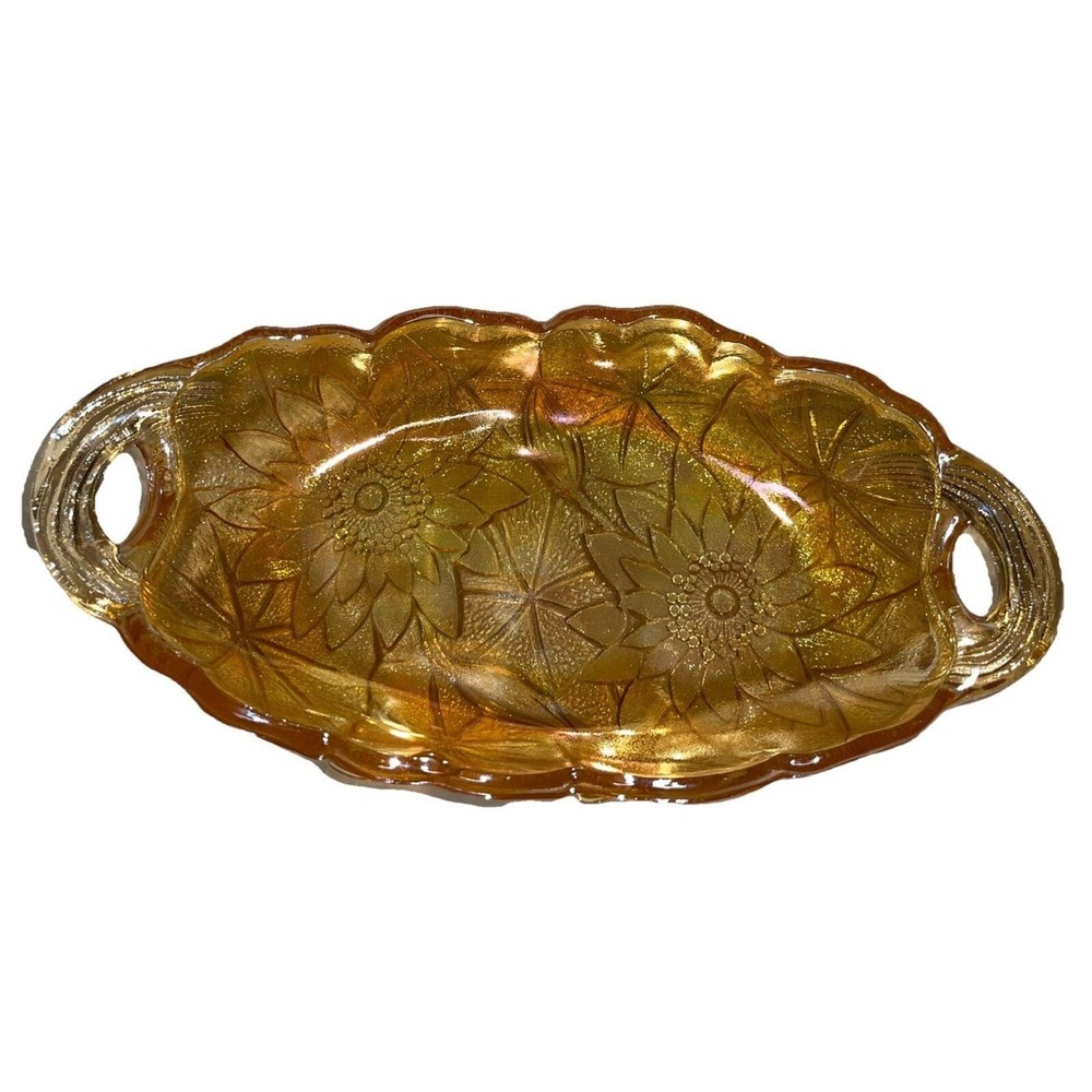 Vintage Indiana Glass Amber Carnival Glass 9.5"‎ Oval bowl Harvest Grapes
